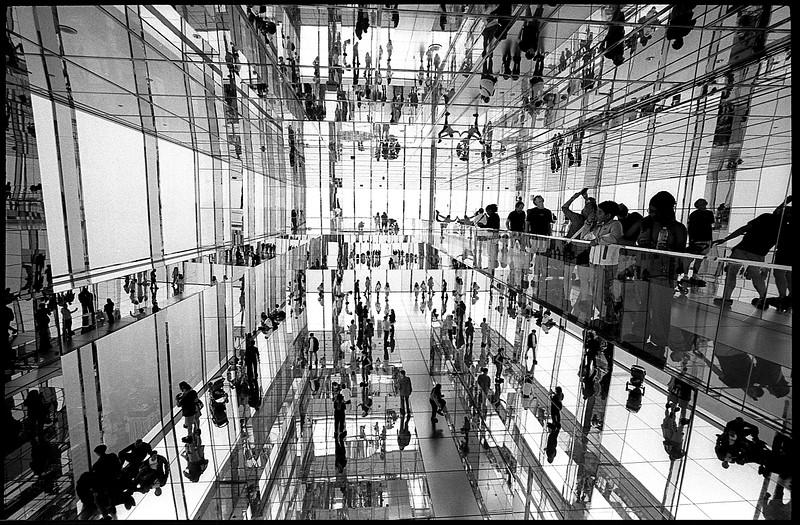 Summit One Vanderbilt New York City NYC reflection mirrors black and white film kodak johnny martyr people tourists art